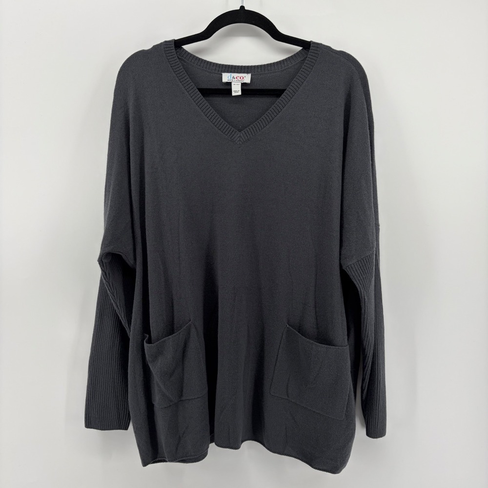 Denim Co. Women's Charcoal Gray V-Neck Long Sleeve Sweater Pockets Size XLP